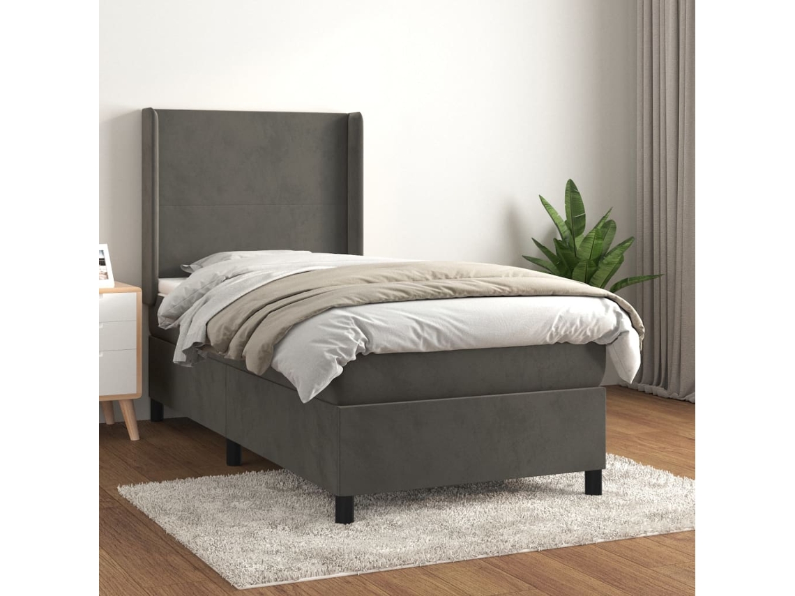 Cama con colchón de muelles de terciopelo gris (90x200cm)