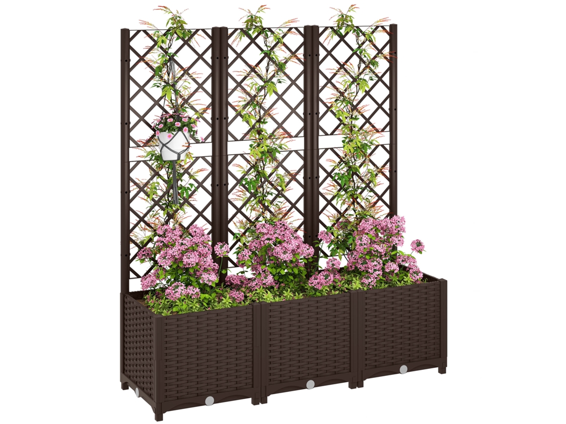 Maceta de plástico con enrejado para plantas trepadoras, con drenaje, 120x40x135 cm, marrón.