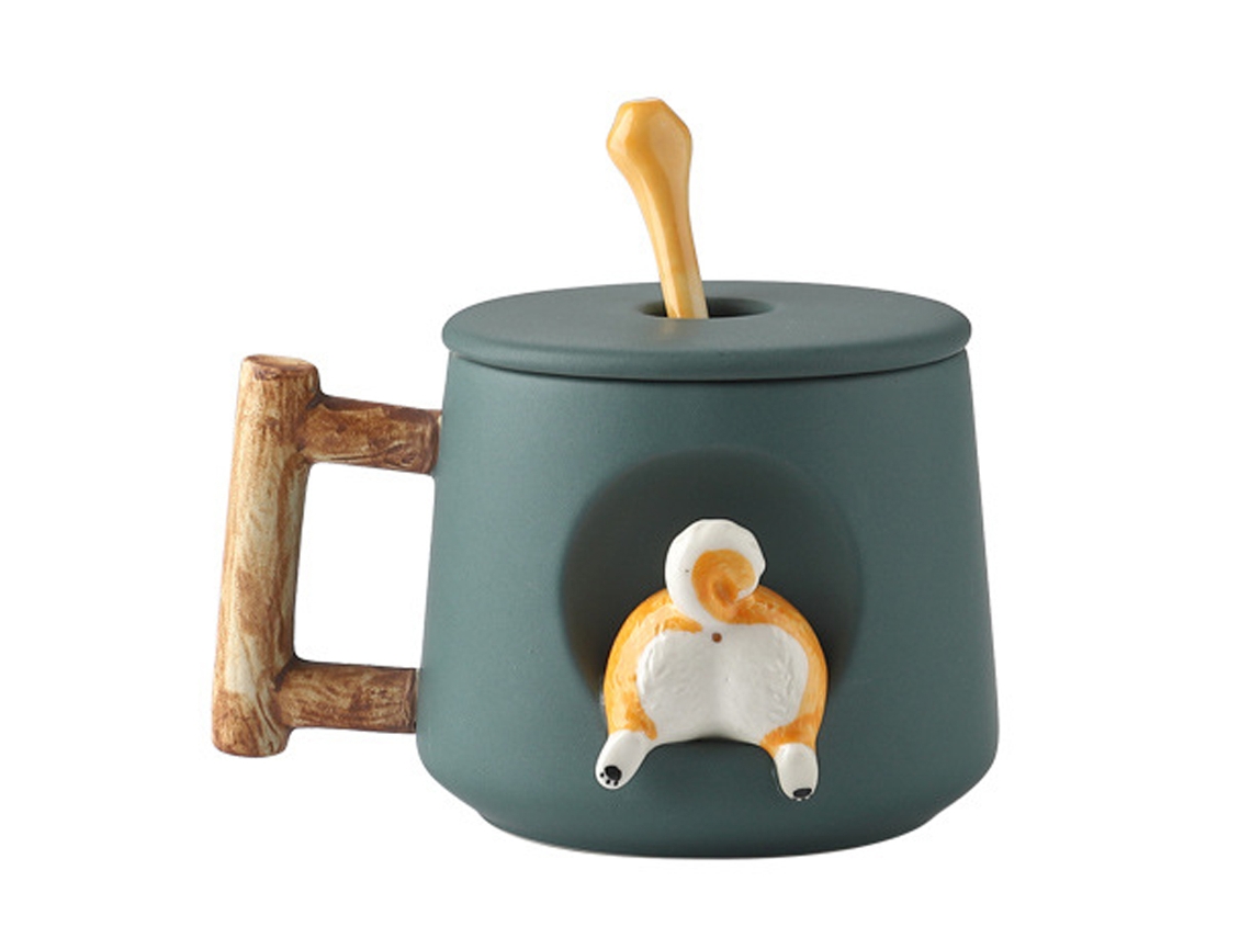 Taza de café de cerámica, taza con diseño 3D Shiba Inu, con mango y cuchara de madera, ideal para regalo, 420ml. NEVEANCE