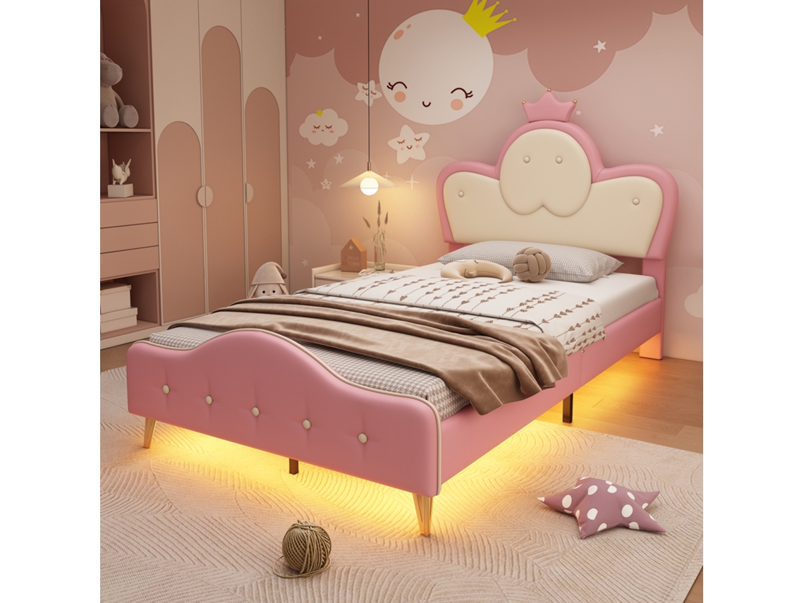 Cama Infantil 90x200 Cm Tapizada Rosa/blanca, Led, Cabecero Corona, Protectores Laterales, Patas Metálicas, Pu.