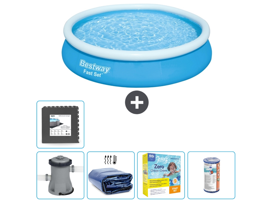 Piscina hinchable redonda Fast Set BESTWAY - 366 x 76 cm - Azul - Bomba incluida Vela solar - Paquete de mantenimiento - Filtrar - Baldosas