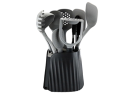 Juego de 9 utensilios de cocina de silicona y acero inoxidable, resistente al calor hasta 232 °C (450 °F), con soporte.