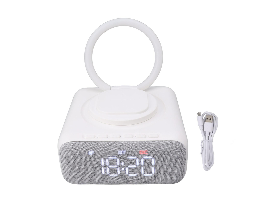 Altavoz Bluetooth con carga inalámbrica, despertador, radio FM y luz LED.