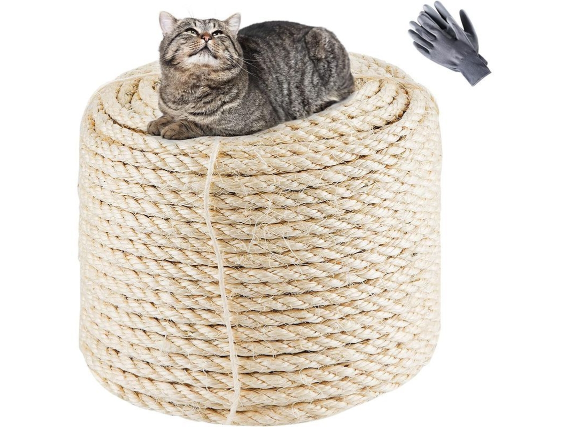 Cuerda De Sisal Natural 8mmx60m Blanca Para Postes De Rasqueo De Gatos Con Guantes Protector