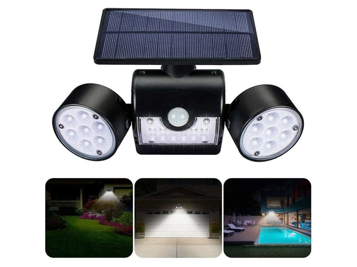 Lámpara solar de pared para uso exterior, 30 proyectores LED impermeables, doble cabezal, rotación de 360°, sensor.