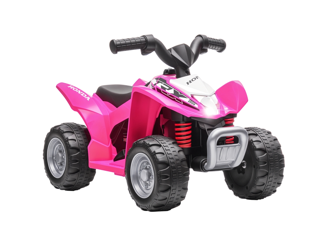 Quad eléctrico rosa de 65,5 x 35,5 x 43,5 cm, Honda 18, batería de 6 V, 36 meses de garantía, faros LED, bocina, velocidad de 2,8 km/h.