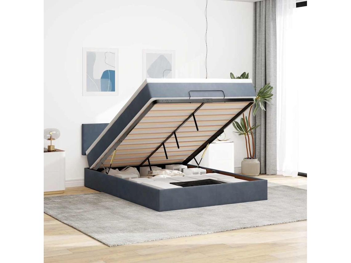 Estructura Cama Otomana Colchón Terciopelo Gris Oscuro