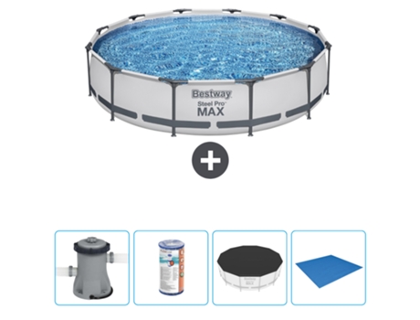 Piscina BESTWAY Round Steel Pro MAX - 366 x 76 cm - Gris - Bomba incluida Filtrar - Cubrir - Suelo