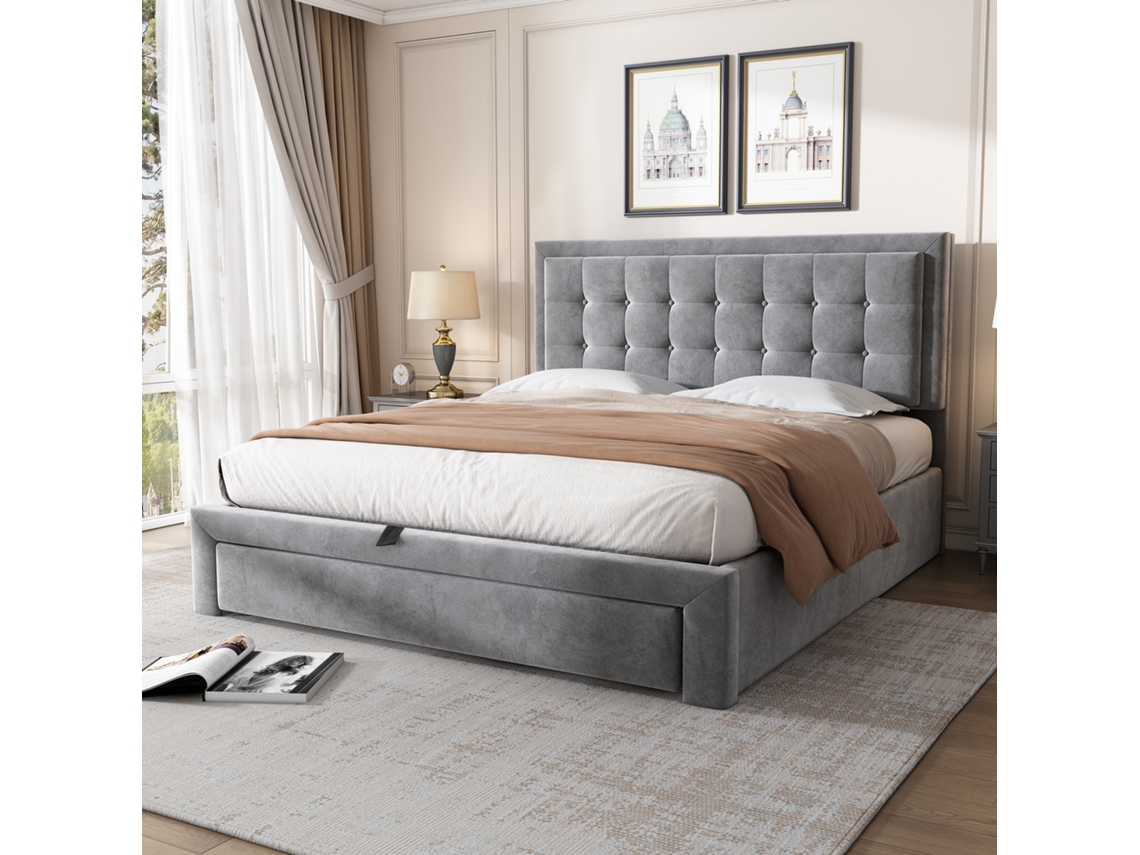 Cama Doble De 140x200 Cm Con Sistema De Almacenaje Hidráulico, 2 Cajones, Cabecera Ajustable, Somier De Láminas, Fácil Montaje, En Terciopelo Gris.