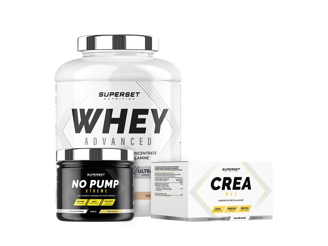 Programa de aumento de masa muscular seca confirmado 100 Whey Proteine Advanced 2kg Cookies No Pump Xtreme Pina Colada Cré Superset Nutrition