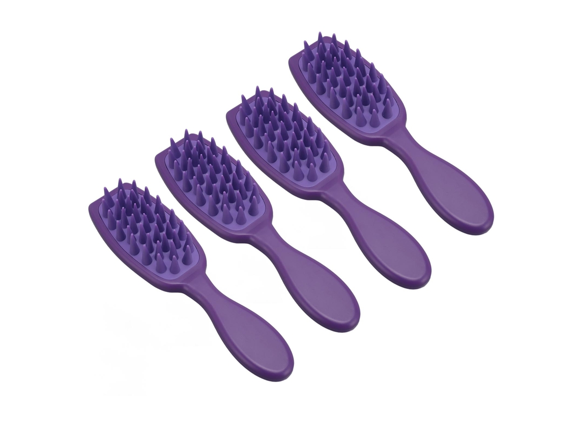 Juego De 4 Cepillos Para Champú Con Mango Largo Para Masaje Del Cuero Cabelludo, Exfoliación Y Limpieza Profunda, Color Morado.