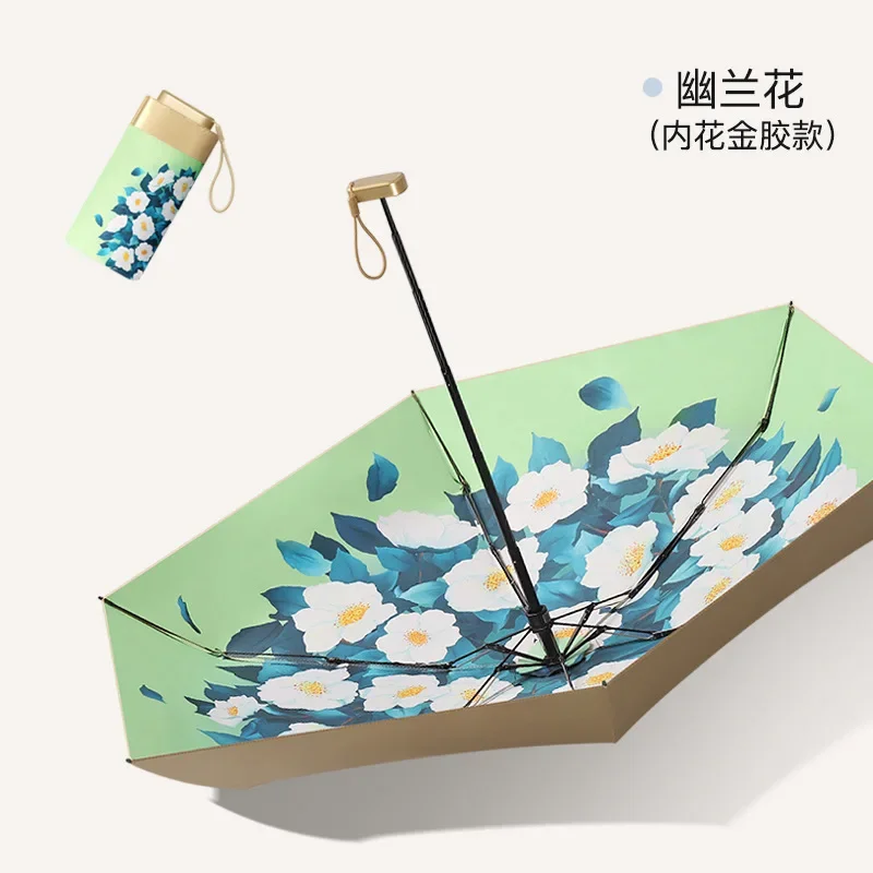 Mini Paraguas Plegable Para Mujer, Apto Tanto Para Días Soleados Como Lluviosos, Con Parasol Con Revestimiento Dorado Y Diseño Resistente Al Viento.