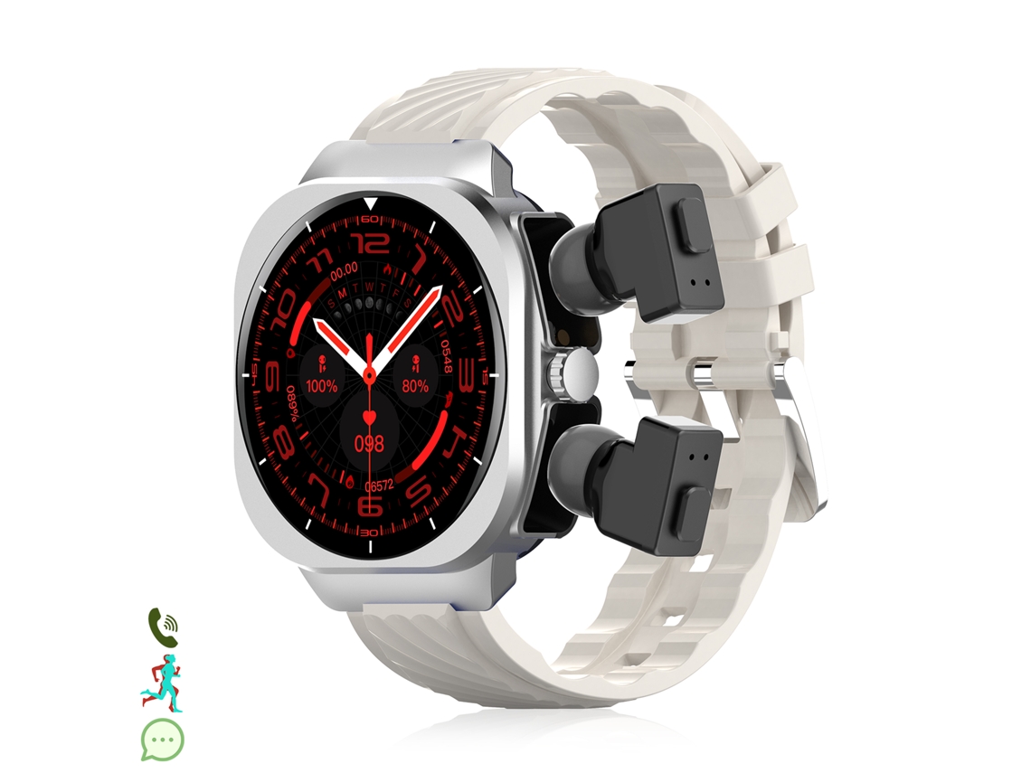 Reloj inteligente Aimb Z19 con termómetro, modos deportivos, auriculares Bluetooth integrados y dos correas de silicona.