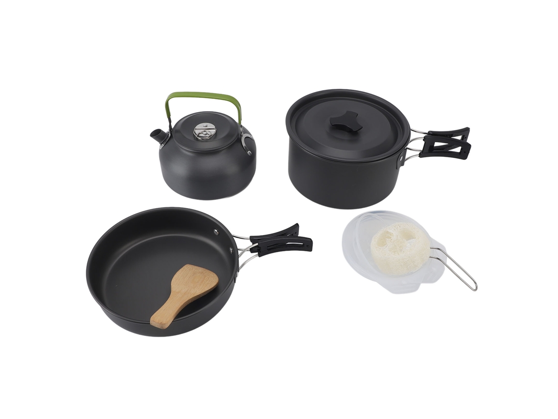 Juego de cocina portátil para acampar con olla, sartén, tetera, cuencos, cuchara y espátula para senderismo, picnics y barbacoas.