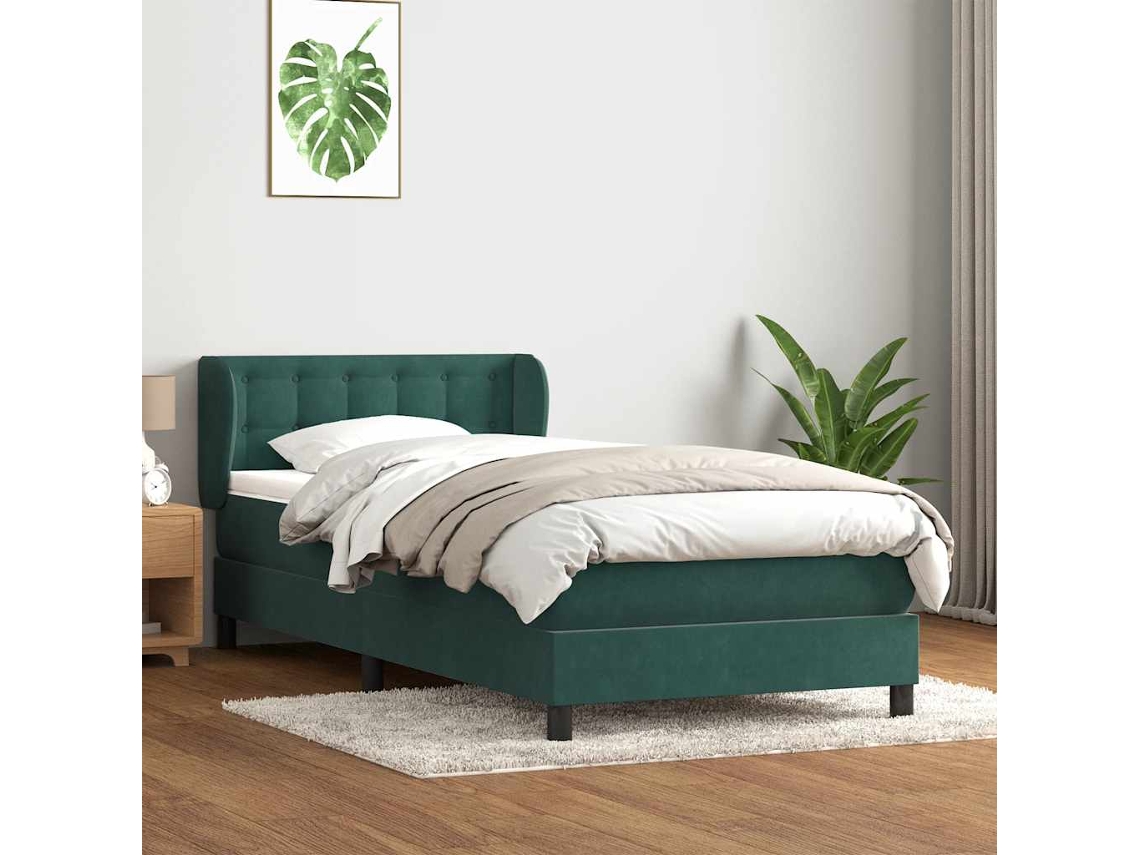Cama Box Spring Con Colchón Terciopelo Verde Oscuro 80x220 Cm