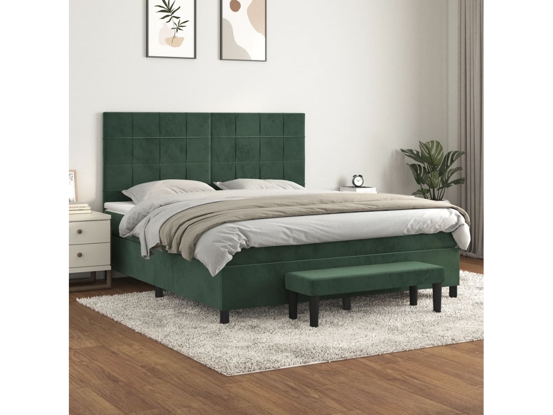 Cama Box Spring Con Colchón Terciopelo Verde Oscuro 180x200 Cm