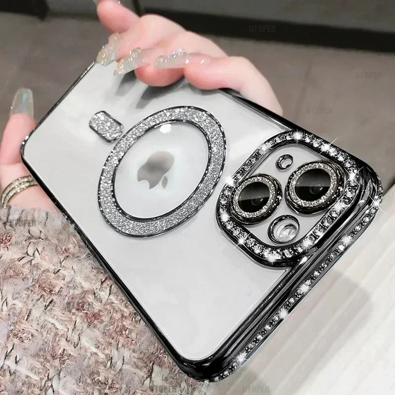 (iphone 15, Negro) Funda Transparente Y Brillante De Cristal Para Iphone Con Soporte Para Carga Inalámbrica Magnética Magsafe.