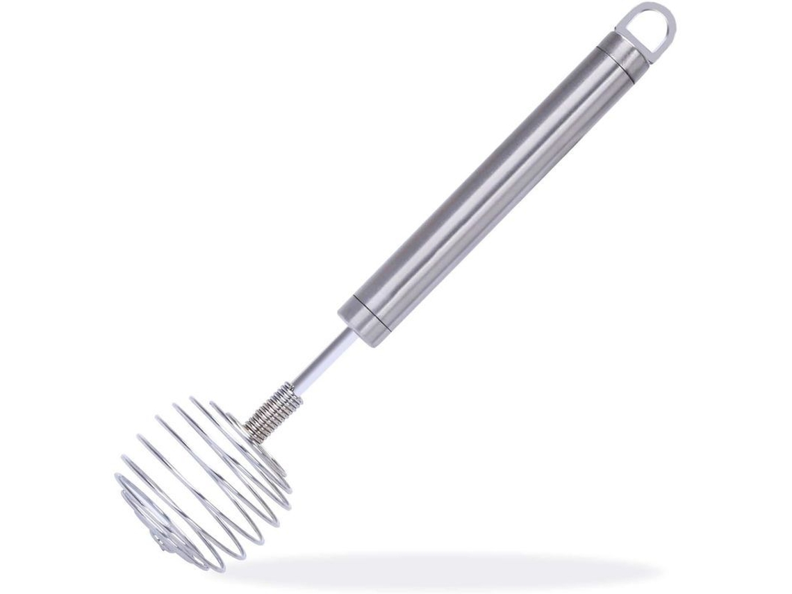 Batidora manual de acero inoxidable para mezclar huevos, crema y harina; ideal para la cocina, restaurantes y uso doméstico.