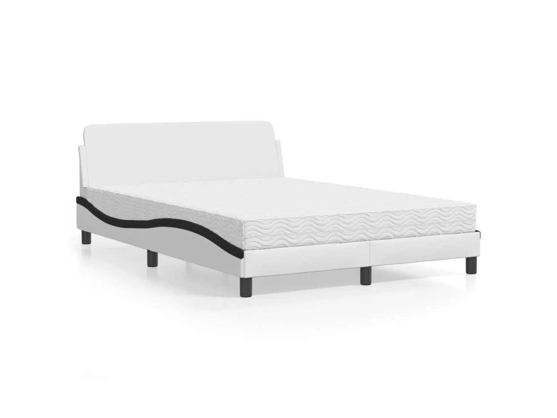 Cama Con Colchón Cuero Sintético Blanco Y Negro 140x200 Cm