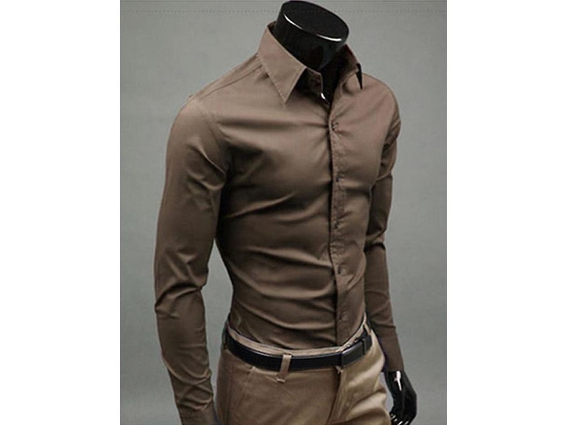 2026-camisas De Lujo Para Hombre Casual Formal Cuello Solido Manga Larga Slim Fit Eks L Marrón