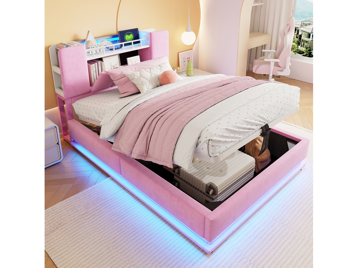 Cama Infantil 90x200 Cm - Con Iluminación Led, Puerto Usb, Almacenamiento Hidráulico, Tapizado De Terciopelo, Estructura Metálica - Rosa