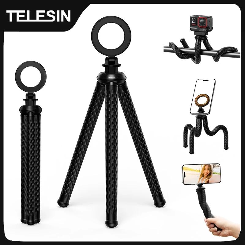 Mini trípode magnético tipo pulpo con liberación rápida para celulares (iPhone 15-12 Pro Max, Huawei, Samsung, Xiaomi) - Negro