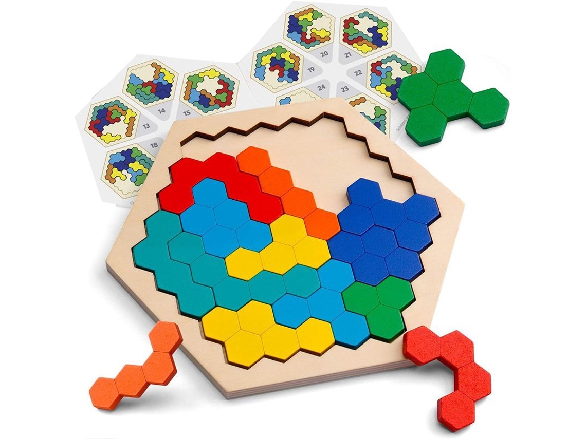 Rompecabezas hexagonal de madera para niños y adultos - Juego de formas geométricas Montessori, rompecabezas para ejercitar la mente