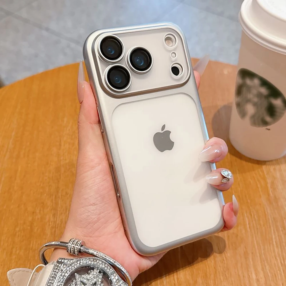 (iphone 17 Pro Plateado) Funda Transparente Esmerilada Con Marco Galvanizado Para Iphone, Protector De Lente A Prueba De Golpes