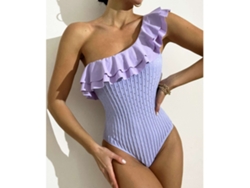 Traje de baño morado ajustado sin aros con volantes y un solo hombro, talla S