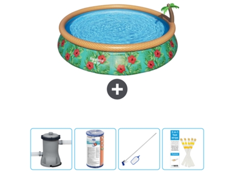 Piscina Hinchable Redonda Fast Set BESTWAY - Estampado Paraíso - 457 x 84 cm - Bomba Incluida Filtrar - kit de limpieza - Tiras de prueba