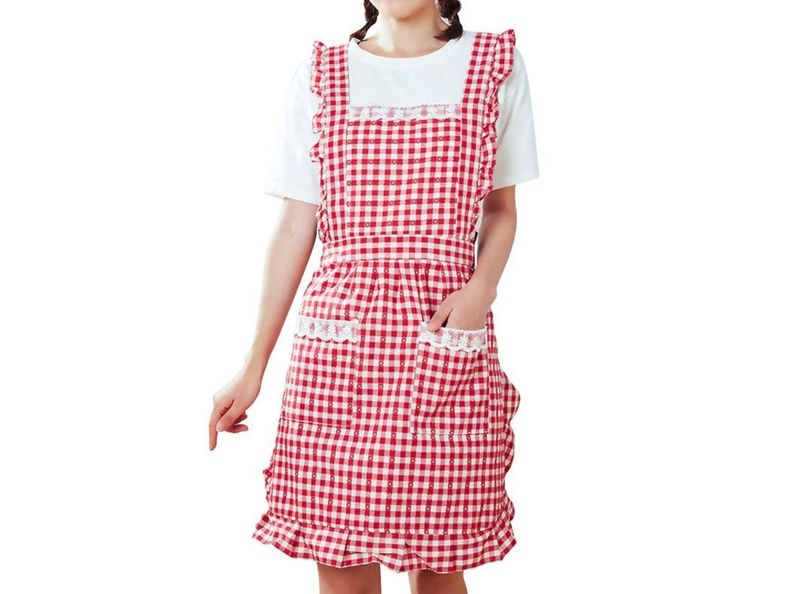 Toalla de cocina vintage roja a rayas para mujer con encaje y bolsillos, lavable a máquina.