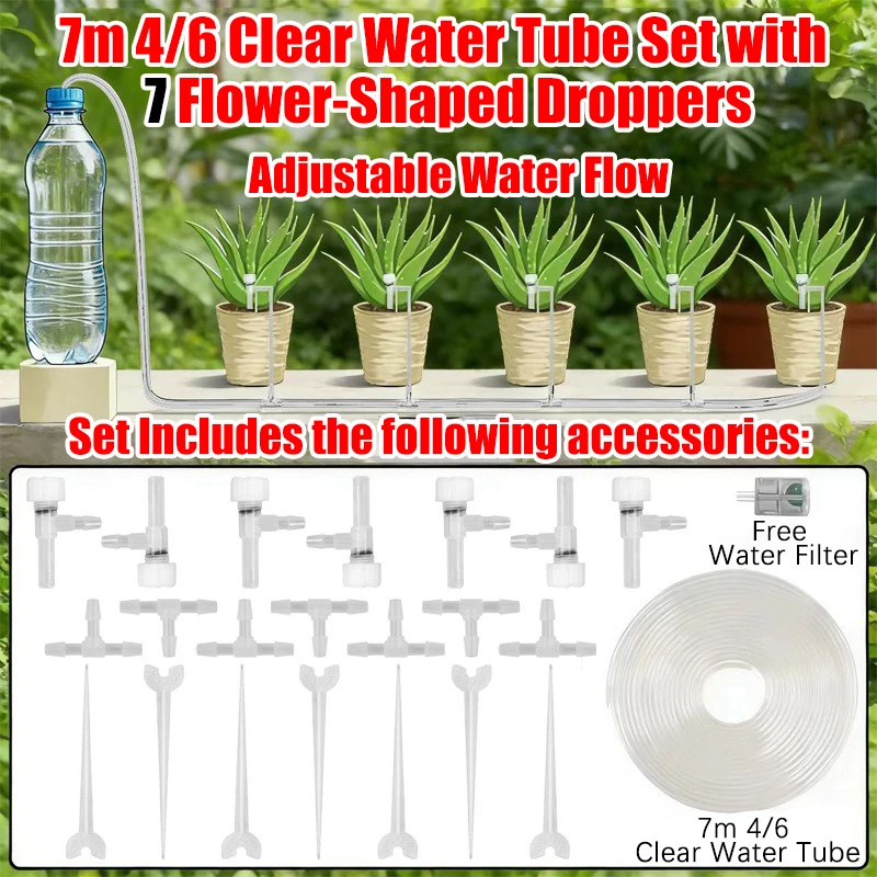 (manguera De 7 Metros, 7 Reguladores) Kit De Riego Por Goteo Para Jardín, Manguera De 4/7 Mm, Microgoteros