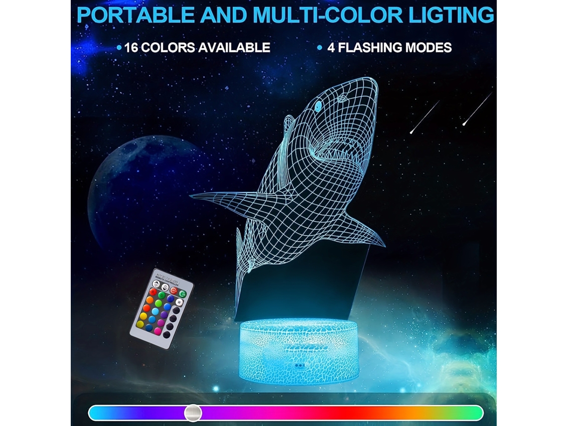 Luz Nocturna Infantil, Tira De Luz Visual 3d Con Control Remoto, 16 Cambios De Color Tiburón Siurn