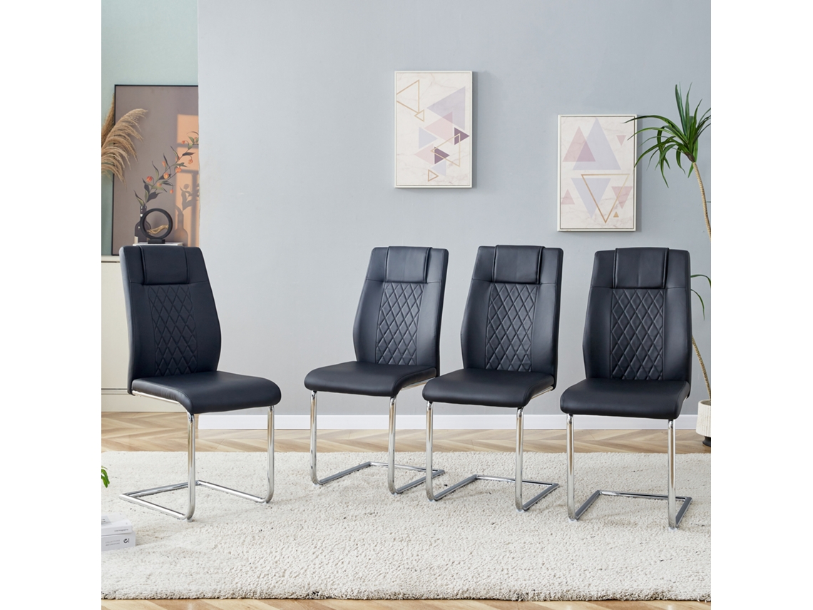 Silla de comedor de estilo nórdico en piel sintética negra (cuatro sillas por caja) - Diseño con costuras de malla