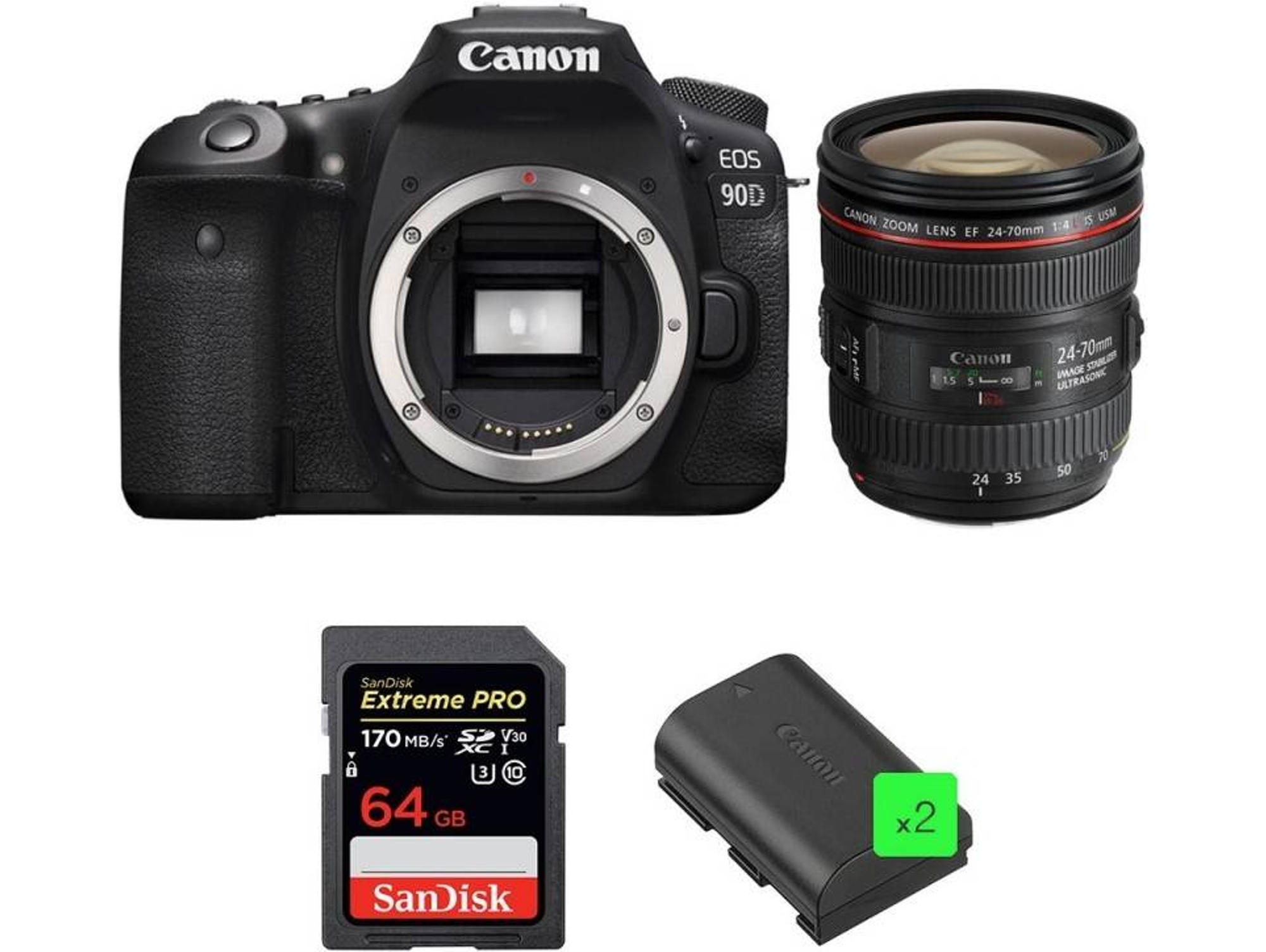 Kit Cámara Réflex CANON EOS 90D + EF 24-70mm f/4L IS USM + SanDisk 64GB + 2 LP-E6N