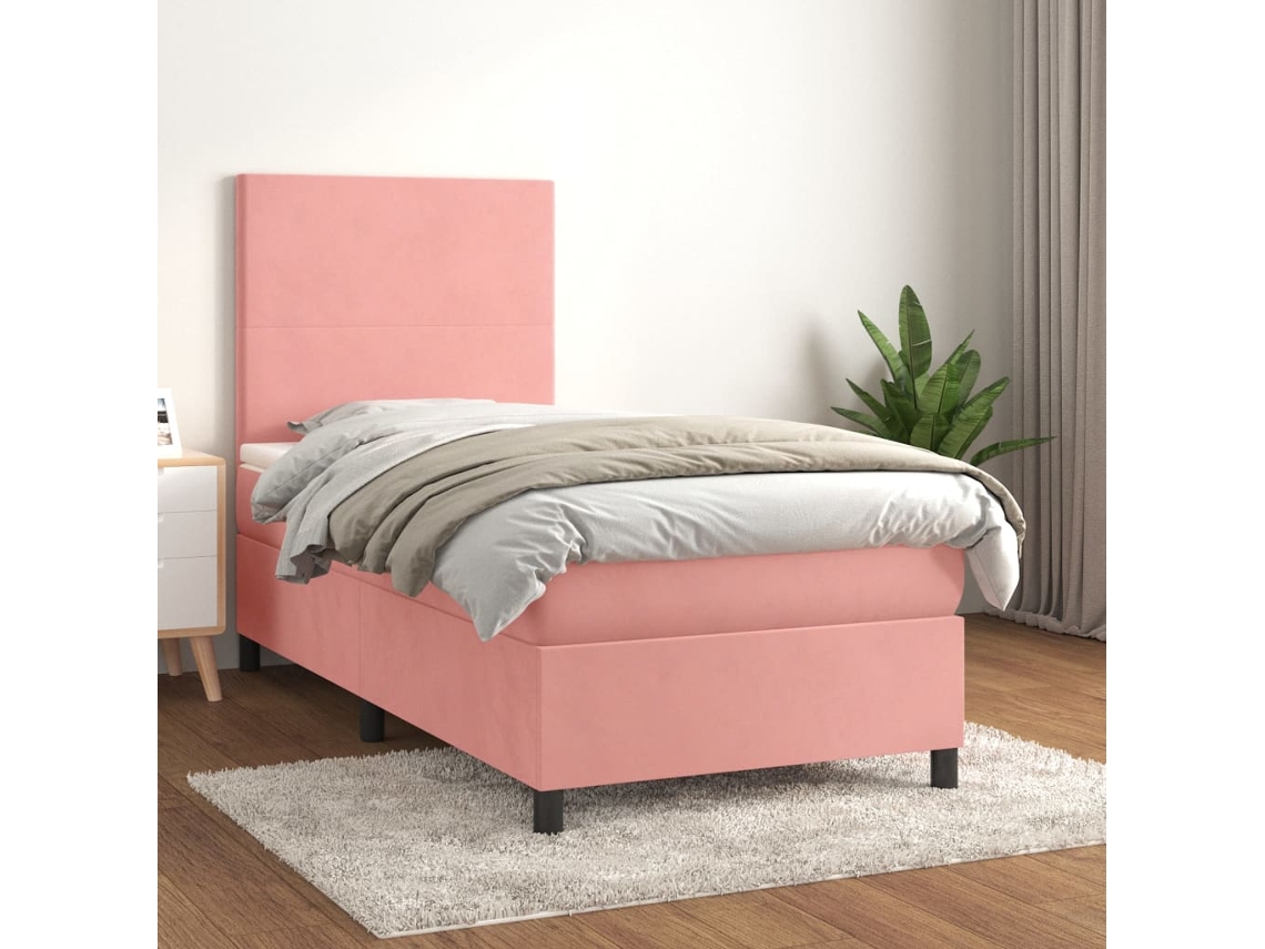 Cama Box Spring Con Colchón Terciopelo Rosa 90x200 Cm