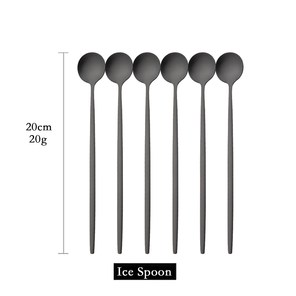 (negro, 6 Piezas) Cucharas De Mango Largo Mate Para Remover Bebidas, Cubiertos De Acero Inoxidable