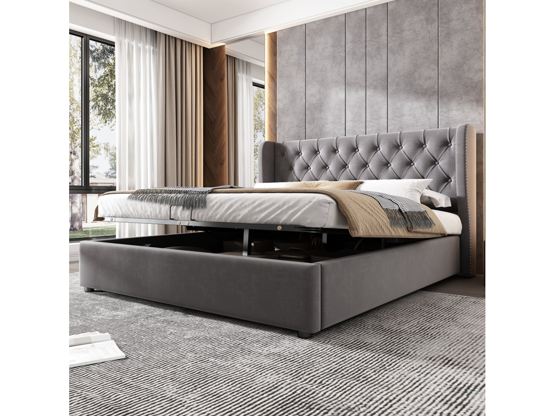 Cama De Terciopelo Gris De 140x200 Con Cabecero De Alas Y Arcón De Almacenamiento.