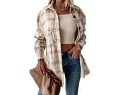 ELKUAIE Chaqueta tipo chaqueta a cuadros para mujer, gabardina informal de mezcla de lana con botones, gabardina de tartán de invierno con bolsillos (albaricoque)