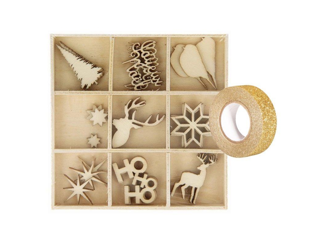 Set 27 mini decoraciones de madera de Navidad Masking tape dorado con brillo 5 m