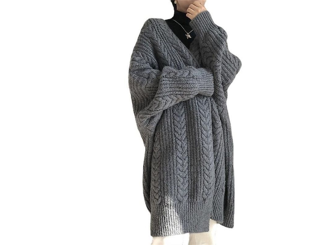 2026-cardigan Mujer Ganchillo Waffle Cuello V Largo Manga Larga Túnica Solido Otoño Invierno Blanco Gris Oscuro Talla Única