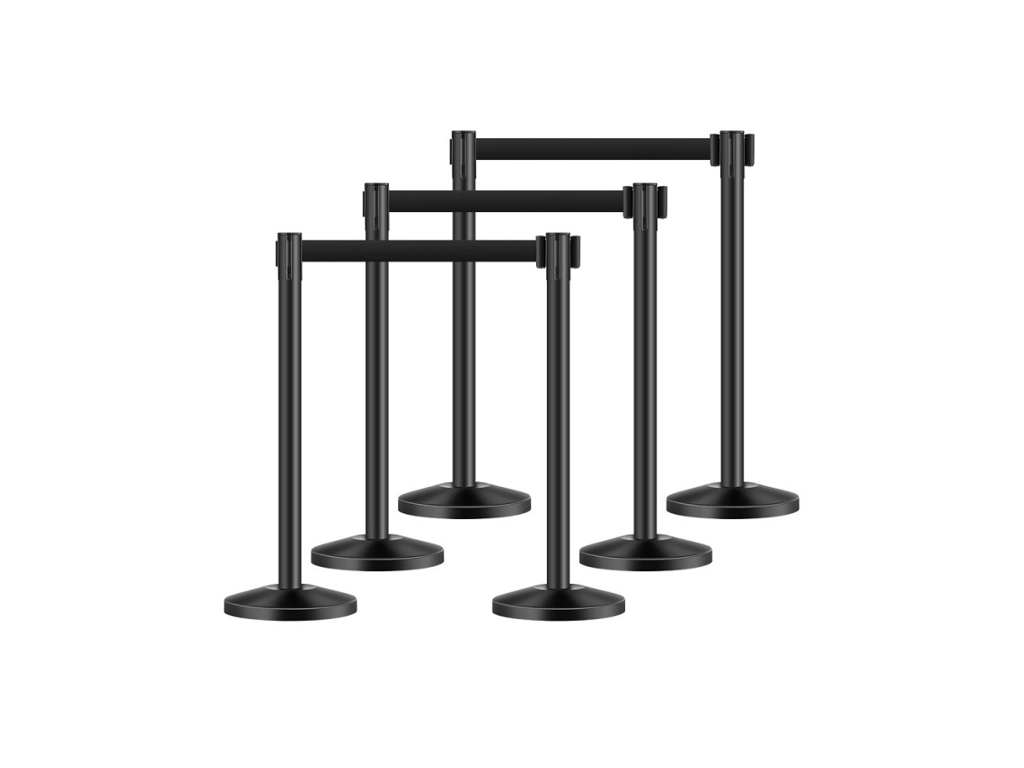 Juego de 6 barreras de contención retráctiles en acero negro con base rellenable Tekmaquinas