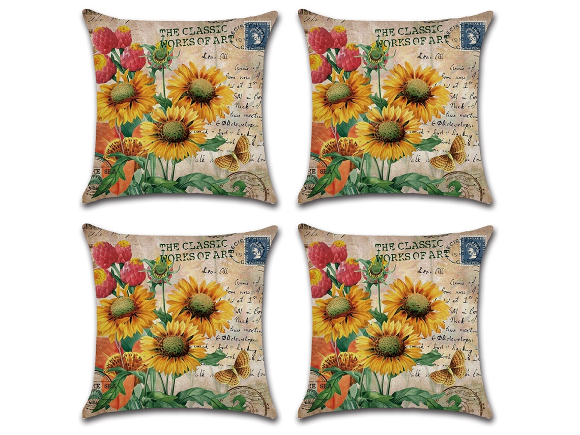 Juego De 4 Fundas De Cojín Con Estampado De Girasoles, Otoño