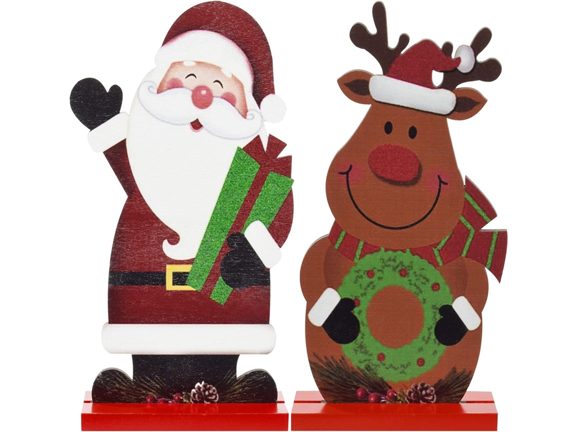Adornos navideños de madera para mesa, Papá Noel, Reno y Muñeco de Nieve Beige, Doble Cara, 2 Unidades, Decoración para Hogar y Fiestas