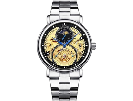VEANXIN Relojes de pulsera automáticos de cuero y acero inoxidable con esqueleto-Acero inoxidable plata negro oro