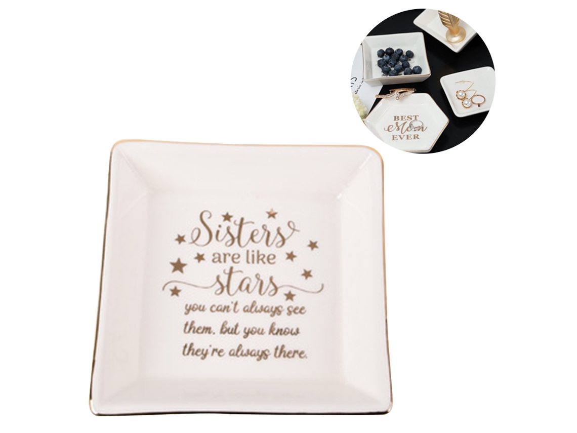 EIOORORRIY Prato Decorativo Em Cerâmica Para Bijuterias, Presente Para Mãe, Prato Quadrado Com Borda Dourada Para Aniversário Do Solo Uo Dia Das Mães