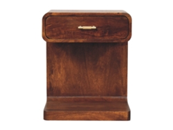 Mesita de noche redonda en forma de T de madera maciza marrón, 1 cajón, muebles artesanales marrón oscuro
