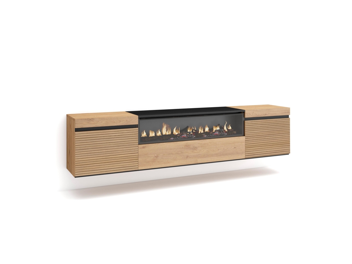 Mueble TV Televisión, 200x45x35cm, Para TV hasta 80, Chimenea eléctrica, Colgado, Suspendido, Roble SKRAUT HOME