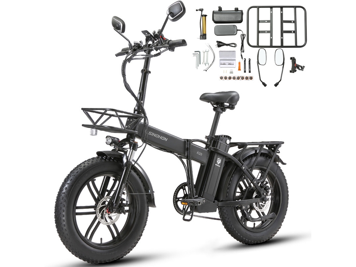 Bicicleta eléctrica Sinohon A20 de 20 pulgadas, 1000 W, 18 Ah, 45 km/h, para mujer y hombre, 7 velocidades, con bandeja, color negro