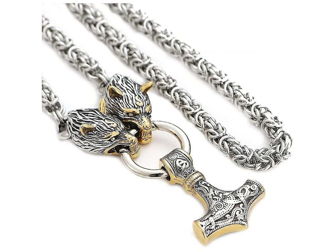 Collar De Hombre Con Cabeza De Lobo Y Martillo De Thor Joyería Nórdica Amuleto Acero Inoxidable Mxl002 Plata
